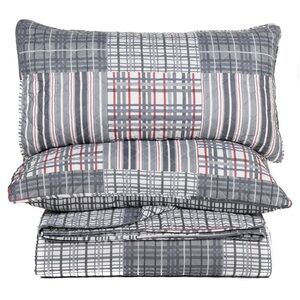 Plaid Gray and Red Bedding Set
